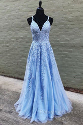 V Neck Long Blue Lace Semi Formal Prom Dresses, Blue Long Lace Formal Evening Bridesmaid Dresses